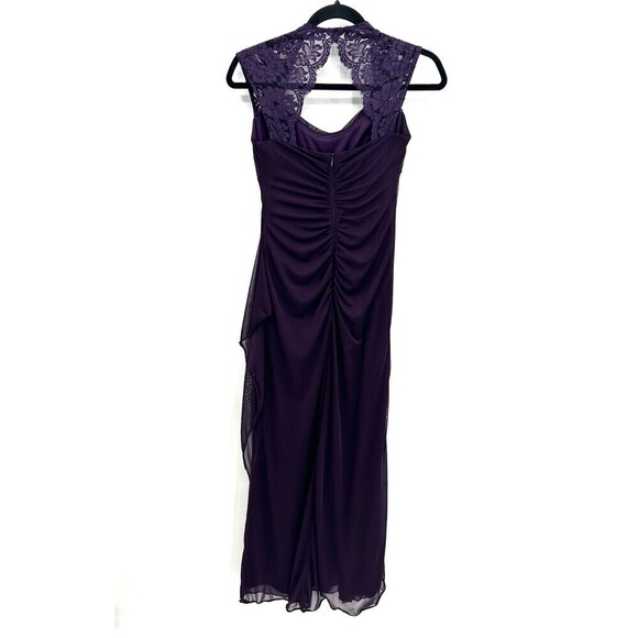 XSCAPE Eggplant Purple Lace Shoulder Ruched Drape Front Maxi Bridesmaid Dress 4 - Picture 2 of 7